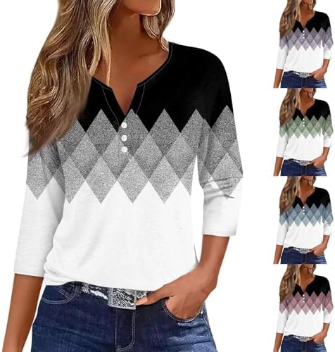 Tops, Tees & Blouses | Womens  Color Block Graphic Tops For Summer Loose Fit 3/4 Sleeve V Neck Tshirts Casual Blouses Button Down Tunic Clothing Tops, Tees & Blouses