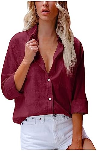 Tops, Tees & Blouses | Womens  Cotton Linen V Neck Button Down Shirt Solid Color Long Sleeve Shirts Casual Collared Work Blouse Top Clothing Tops, Tees & Blouses