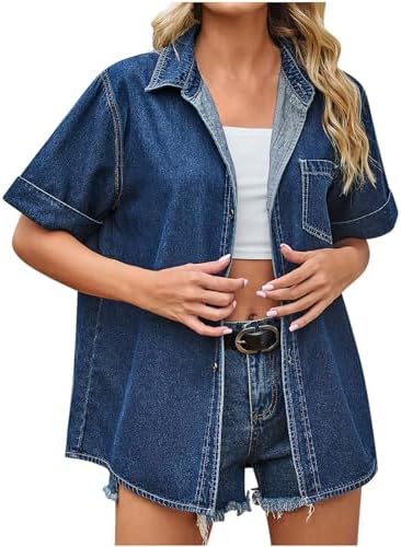 Tops, Tees & Blouses | Womens  Denim Shirt Chambray Collared Jean Shirts Short Sleeve Pocket Button Down Blouses Retro Western T Shirts Clothing Tops, Tees & Blouses