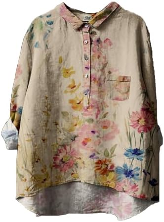 Tops, Tees & Blouses | Womens  Generic’s Linen Long Sleeve Shirts Vintage Flower Printed Blouses Casual Loose Fit Tee Tops Lapel Neck Button T-Shirt Clothing Tops, Tees & Blouses