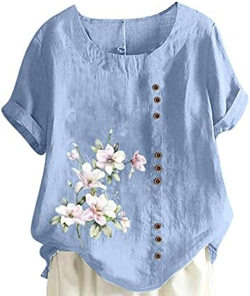 Tops, Tees & Blouses | Womens  Linen Shirt 224 Short Sleeve Crewneck Floral Cotton Tops Button Down Loose Fit Tunic Casual Blouses Tshirt Clothing Tops, Tees & Blouses