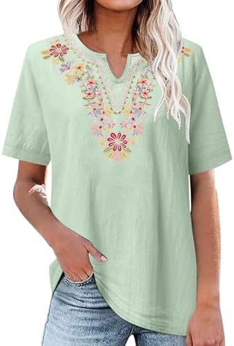 Tops, Tees & Blouses | Womens  Linen Short Sleeve Shirts Summer Casual Mexican Embroidered Tops V Neck Comfy Tunic Dressy Blouses Clothing Tops, Tees & Blouses