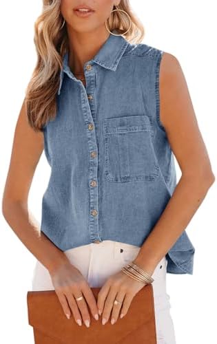 Tops, Tees & Blouses | Womens  Orchidays’s Denim Tank Top V Neck Button Down Collared Sleeveless Shirts Casual Blouse Tops Clothing Tops, Tees & Blouses