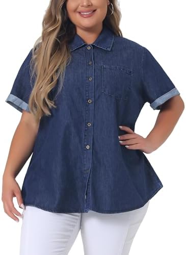 Tops, Tees & Blouses | Womens  Plus Size Denim Shirt For Roll Sleeve Top Chambray Button Down Shirts 2024 Clothing Tops, Tees & Blouses