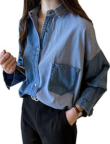 Tops, Tees & Blouses | Womens  s Relaxed Fit Long Sleeve Chambray Button Down Patchwork Denim Shirt Clothing Tops, Tees & Blouses