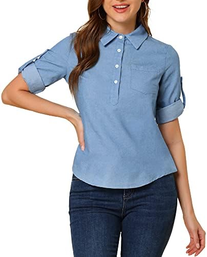 Tops, Tees & Blouses | Womens  s Roll Up Sleeve Shirt Half Button Front Casual 3/4 Sleeve Chambray Blouse Clothing Tops, Tees & Blouses