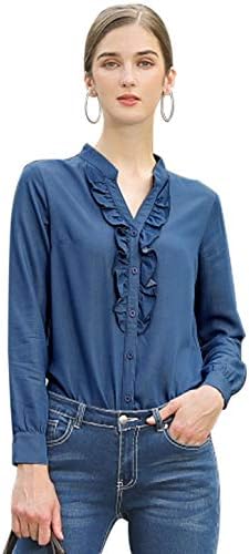 Tops, Tees & Blouses | Womens  s Ruffled Neck Button Up Long Sleeves Denim Chambray Blouse Shirt Clothing Tops, Tees & Blouses