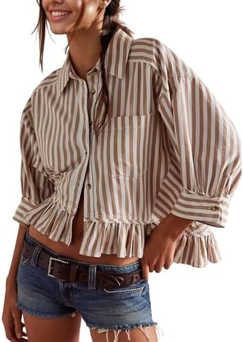 Tops, Tees & Blouses | Womens  s Striped 3/4 Sleeve Blouse Loose V Neck Button Down Ruffled Hem Vertical Shirt Top With Pocket Clothing Tops, Tees & Blouses