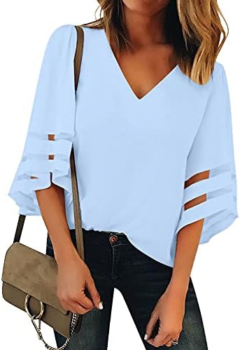 Tops, Tees & Blouses | Womens  s V Neck Mesh Panel Blouse 3/4 Bell Sleeve Loose Top Shirt Clothing Tops, Tees & Blouses