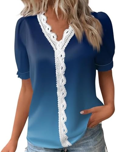 Tops, Tees & Blouses | Womens  Shirts For’s Summer Fashion Solid Color Gradient Tops Loose Casual Lace V-Neck Short Sleeve T-Shirt Clothing Tops, Tees & Blouses