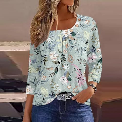 Tops, Tees & Blouses | Womens  Square Neck Tee Shirts 3/4 Sleeve Pleated Button Tops Trendy Floral Graphic Loose Casual Going Out Blouses Clothing Tops, Tees & Blouses