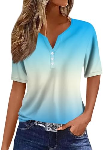 Tops, Tees & Blouses | Womens  Summer Tops Summer’s Fashion Gradient Color Tops Plus Size Casual Loose Split Neck Short Sleeve T-Shirt Clothing Tops, Tees & Blouses