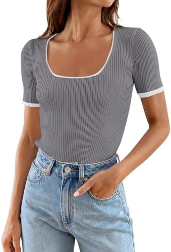 Tops, Tees & Blouses | Womens  Summer Tops’s Short Sleeve Square Neck Color Block T Shirt 224 Summer Slim Fit Ribbed Knit Basic Tee Tops Clothing Tops, Tees & Blouses