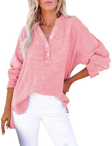 Tops, Tees & Blouses | Womens  Tops Casual Button Down V Neck Long Sleeve Shirts Oversized Cotton Linen Blouses Trendy Style Tunic Top Clothing Tops, Tees & Blouses