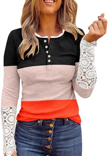 Tops, Tees & Blouses | Womens  Tops For Trendy,Patchwork Lace Long Sleeve Henley Shirts Fall Button Down T Shirts Casual Tunic Tops Clothing Tops, Tees & Blouses