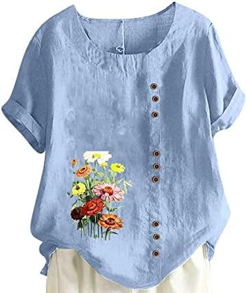 Tops, Tees & Blouses | Womens  Trendy Tops For 2024 Button Trim Flower Graphic Cotton Linen Summer Shirts Loose Short Sleeve Blouses Clothing Tops, Tees & Blouses