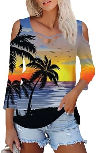 Tops, Tees & Blouses | Womens  3/4 Sleeve T Shirts For Plus Size Summer’s Hawaii Beach Printed Tops Strapless 3/4 Sleeve Casual T Shirt Clothing Tops, Tees & Blouses