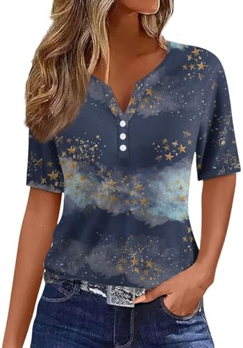 Tops, Tees & Blouses | Womens  Tops For Trendy,Short Sleeve Tops Fashion V Neck Button Boho Tops For Going Out Tops For Clothing Tops, Tees & Blouses