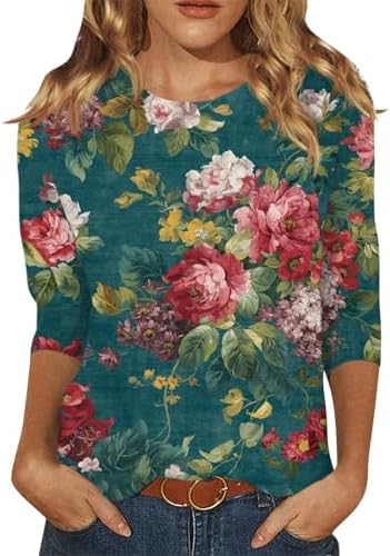 Tops, Tees & Blouses | Womens  Tunic Tops 3/4 Sleeve Shirts Round Neck Loose Casual Blouses Ink Floral Print Tshirts Pullover Clothing Tops, Tees & Blouses