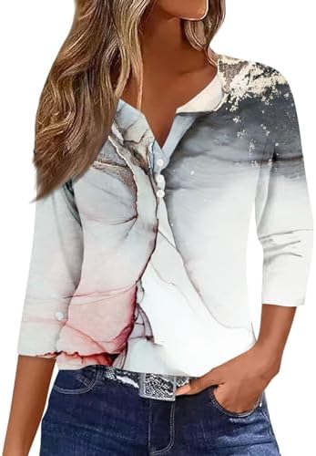 Blouses & Button-Down Shirts | Womens  Going Out Shirts For Trendy Graphic Casual 3/4 Sleeve Tops V Neck Button Dressy Tees Tunic Loose Blouses Blouses & Button-Down Shirts Blouses & Button-Down Shirts