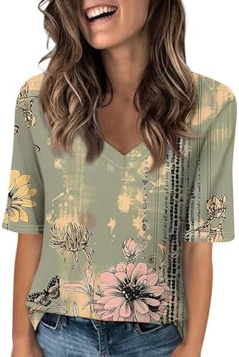 Blouses & Button-Down Shirts | Womens  Tops Casual Trendy Dressys Top V Neck Floral Print Loose Fit’s 3/4 Sleeve Shirt Blouses & Button-Down Shirts Blouses & Button-Down Shirts