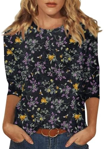 Blouses & Button-Down Shirts | Womens  Tops Trendy Casual Dressys Top Crew Neck Floral Print Fitted’s 3/4 Sleeve Shirt Blouses & Button-Down Shirts Blouses & Button-Down Shirts