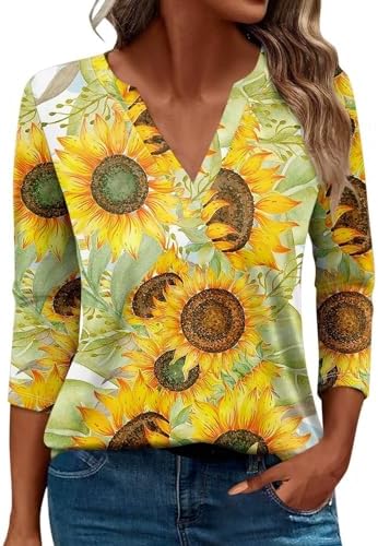 Blouses & Button-Down Shirts | Womens  224 Floral Graphic Tees Shirts 3/4 Sleeve Tops Summer Casual V Neck Tshirt Trendy Tunic Going Out Blouses Blouses & Button-Down Shirts Blouses & Button-Down Shirts