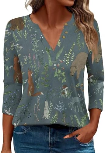 Blouses & Button-Down Shirts | Womens  3/4 Length Sleeve Tops For 224 Trendy V Neck Floral Graphic Tee Shirts Going Out Loose Fit Soft Blouses Blouses & Button-Down Shirts Blouses & Button-Down Shirts