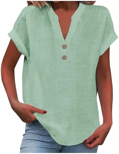 Blouses & Button-Down Shirts | Womens  Linen Shirts For Summer 224 Plus Size V Neck Short Sleeve Cute Tops Trendy Casual Comfy Breathable Blouse Blouses & Button-Down Shirts Blouses & Button-Down Shirts