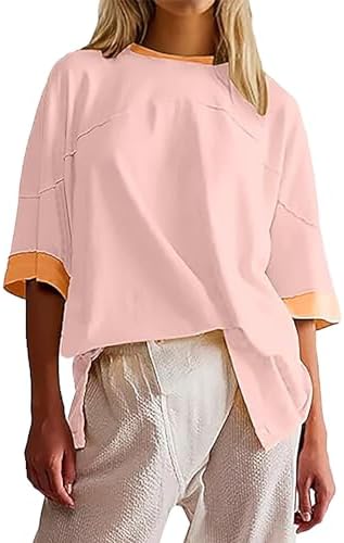 Blouses & Button-Down Shirts | Womens  Summer Shirts Drop Shoulder Short Sleeve Tops Oversized Casual Color Block Blouse Crewneck Trendy Fashion Tunic Blouses & Button-Down Shirts Blouses & Button-Down Shirts