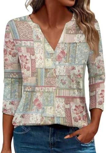 Blouses & Button-Down Shirts | Womens  V Neck 3/4 Sleeve Tee Tops 224 Trendy Floral Graphic V Neck Tshirts Summer Casual Loose Fit Blouses Blouses & Button-Down Shirts Blouses & Button-Down Shirts